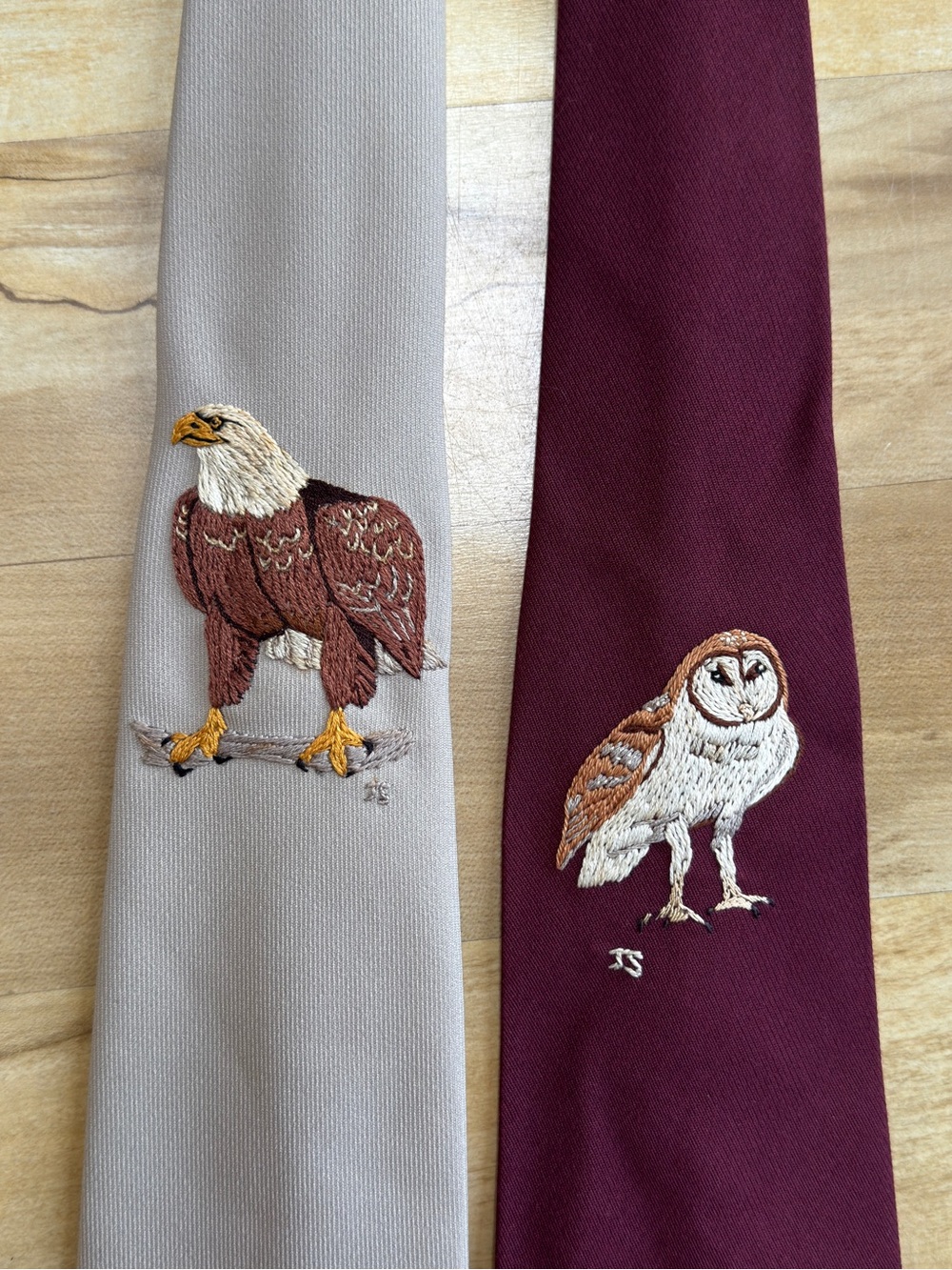 Vintage Bald Eagle & Barn Owl Neckties - hand embroidered OOAK